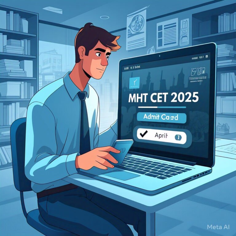 Prompt: A modern, professional-style digital illustration showing a student downloading an admit card on a laptop or smartphone. The screen should display "MHT CET 2025 Admit Card Download" with MHT CET 2025 Admit Card